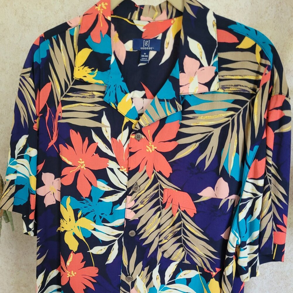 Floral Hawaiian Blue Mens Short Sleeve Shirt NWOT George Size M
